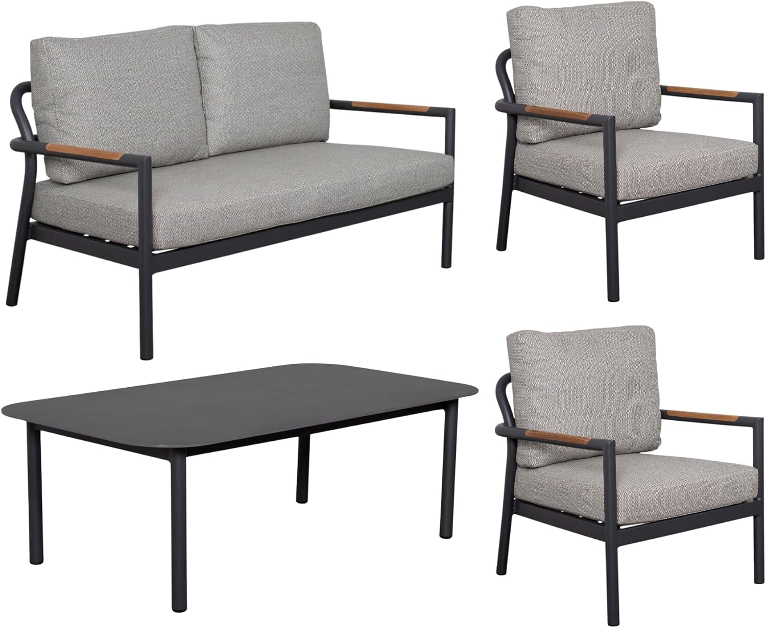 Loungeset Bilbao Grey Aluminium | Gartenmöbelset 4-teilig 2 x Sessel & 1 x 2er Sofa & 1 Tisch | Outdoormöbelset Alu & Sitz- Rückenkissen Rope | Stabil & wetterfest | Gartenmöbelgarnitur