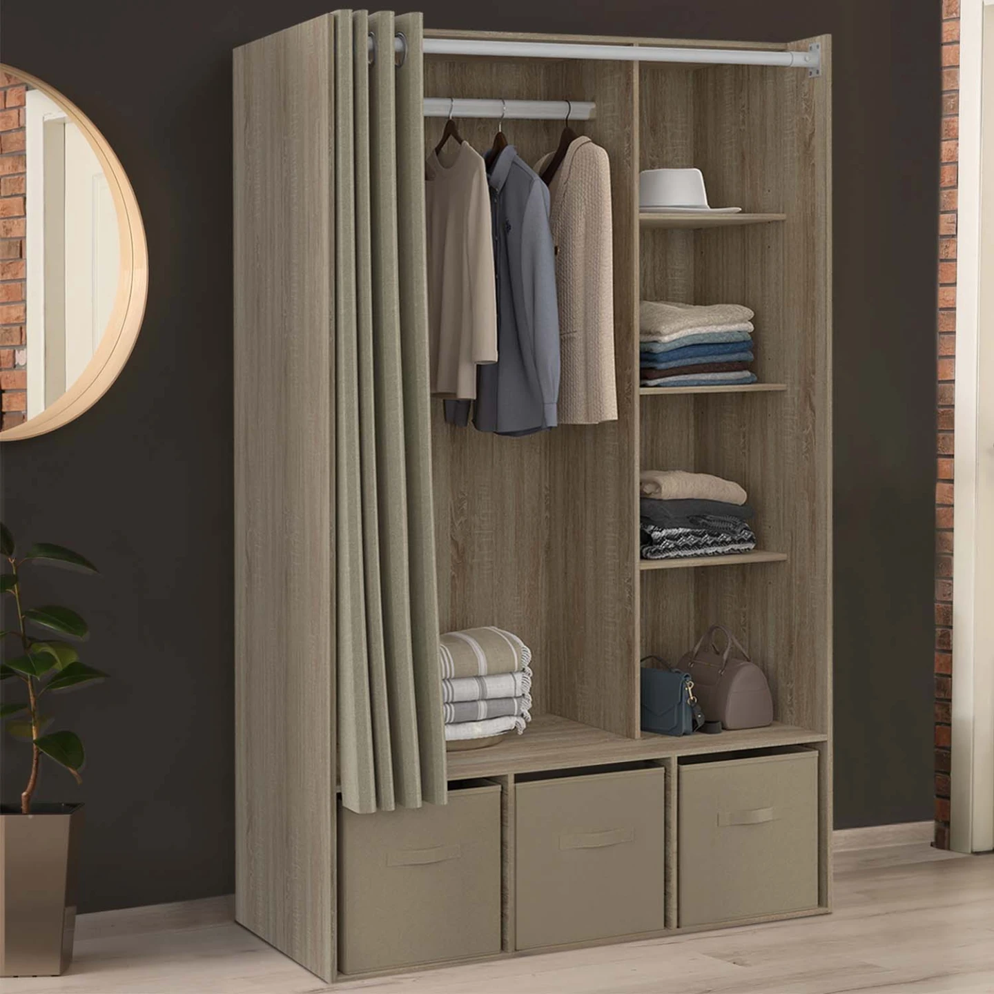 Dressing penderie DIANE 105 x 50 x 172 cm hêtre avec étagères + boites de rangement + rideau taupe