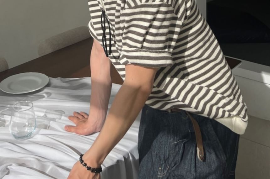 SeoulPop - Gestreept poloshirt met korte mouwen en halve rits