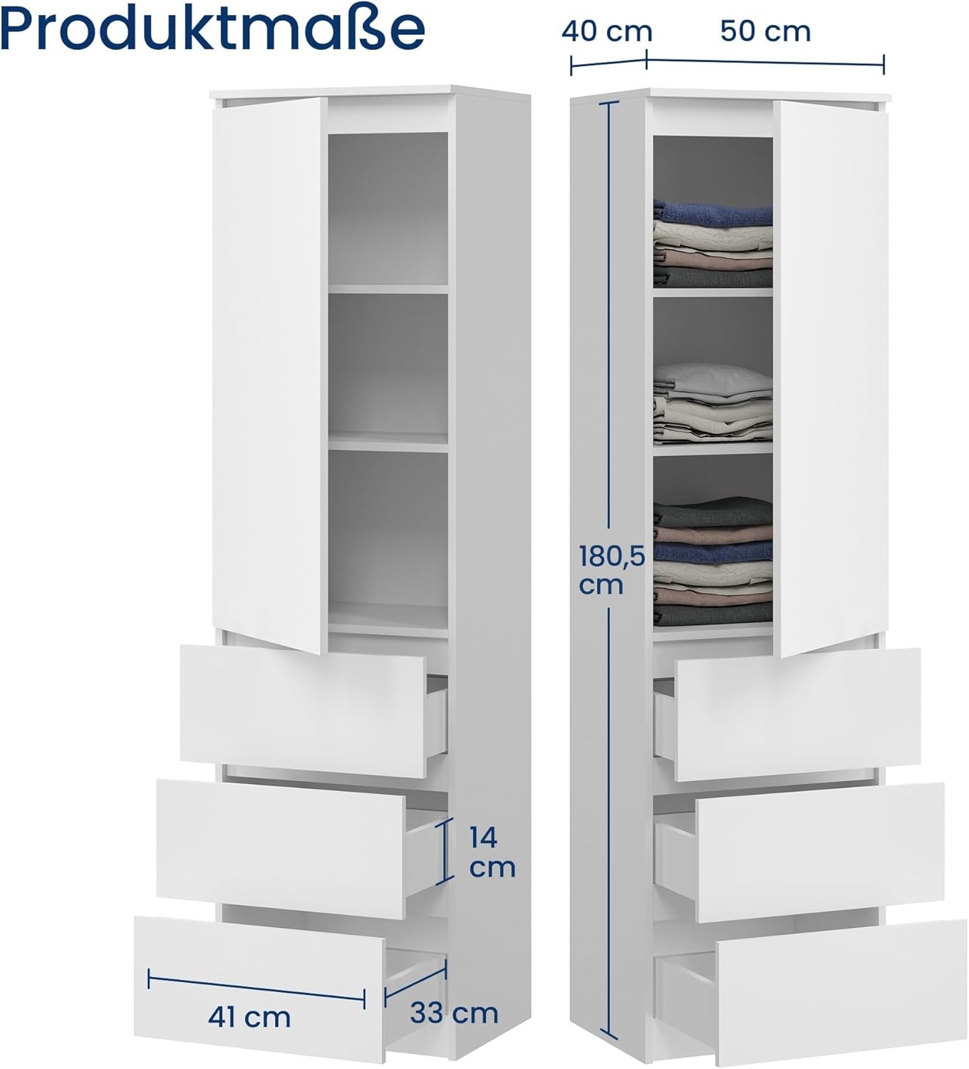 Home Collective Kleiderschrank, Garderobenschrank, Mehrzweckschrank mit 3 Einlegeböden & 3 Schubladen | Funktionaler Schrank für Schlafzimmer, Flur oder Arbeitszimmer | 50x40x180 cm (BxTxH) | Weiß