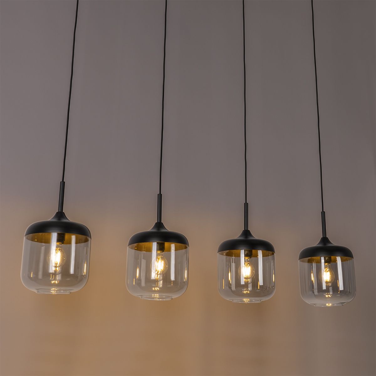 Design hanglamp zwart met goud en smoke glas 4-lichts - Kyan