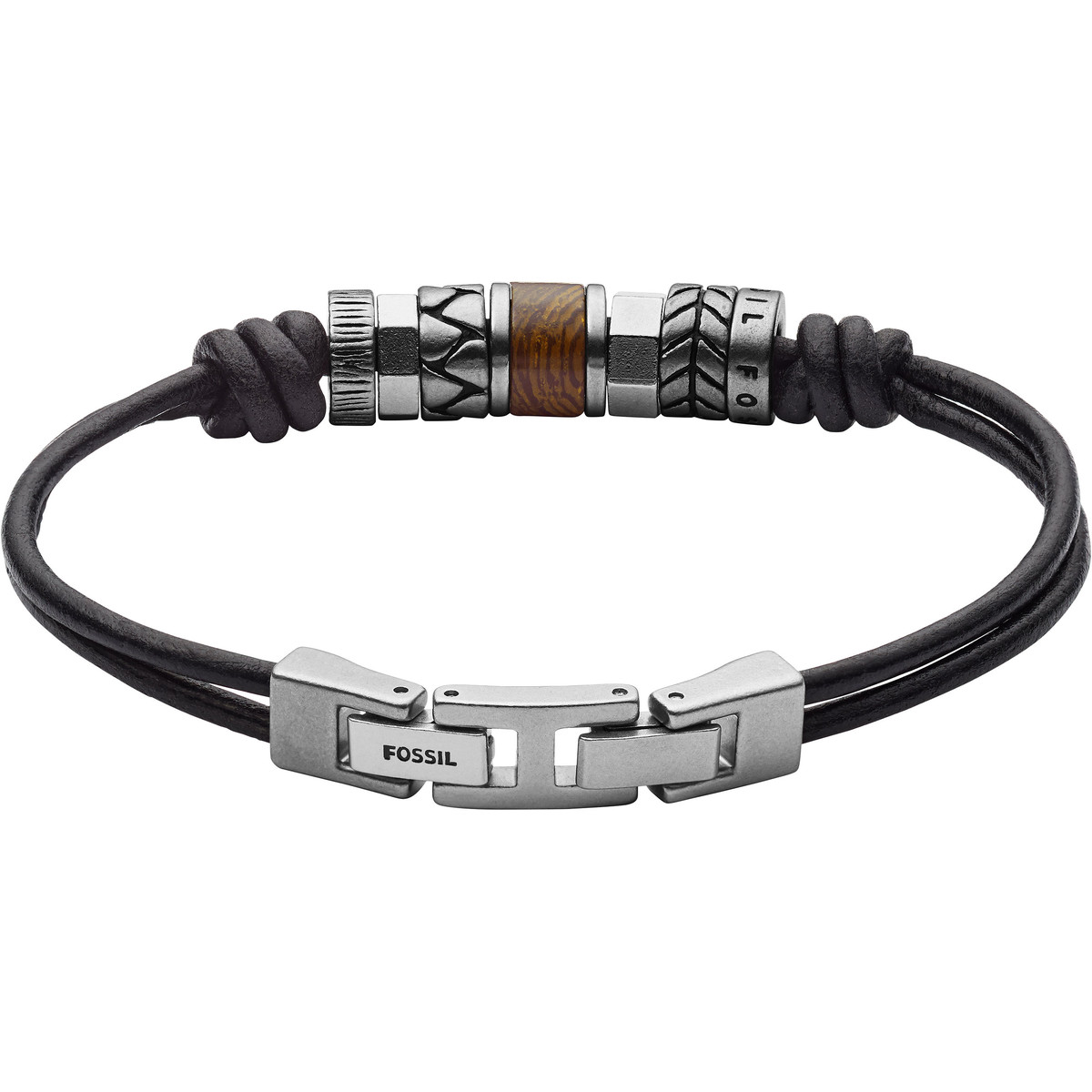 Bracelet FOSSIL acier cuir noir