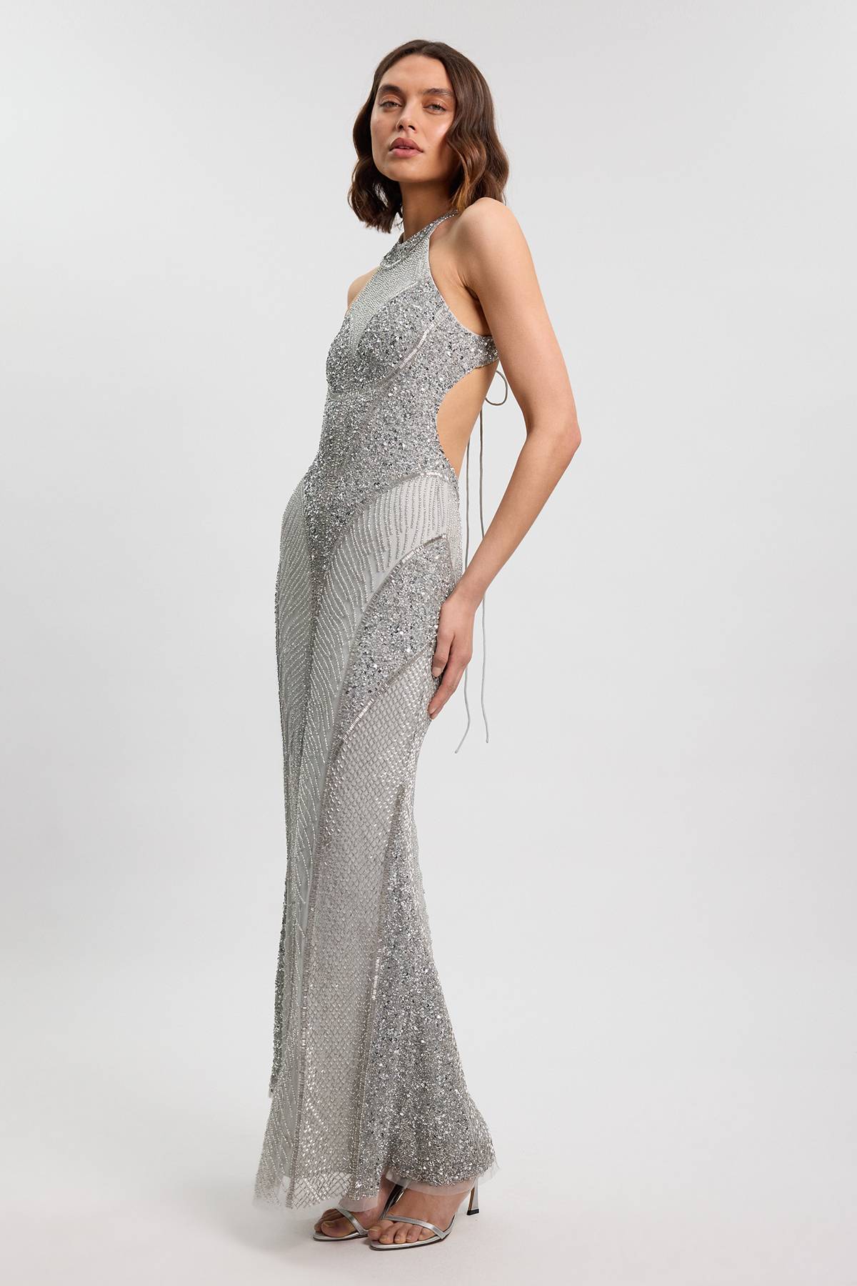 KarenMillen Robe Longue Tissée Petite À Encolure Américaine Ornée De Cristaux