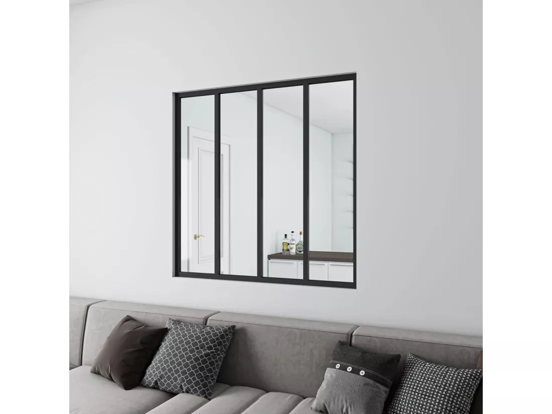 Verrière Atelier en aluminium noir mat - 123x108cm - Noir -4 Vitrages Clairs
