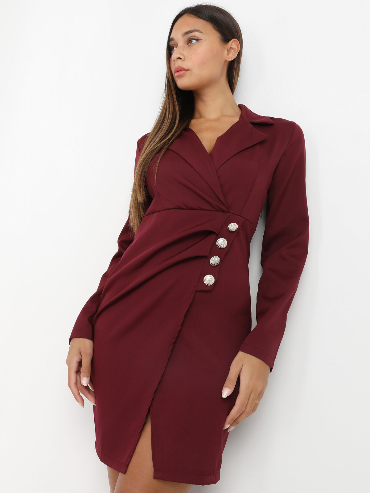 Robe blazer boutonnée et fendue- Bordeaux