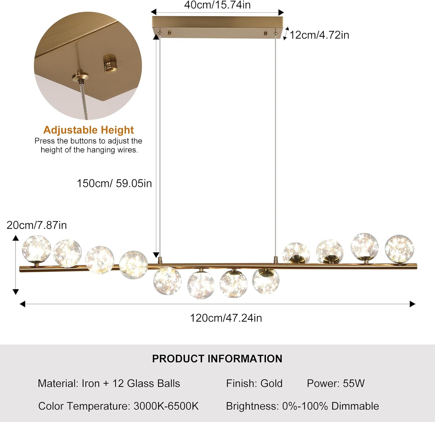 GEADI Gold Kronleuchter 120CM Modern Globe Pendelleuchte Esstisch mit 12 Glaskugel Lampenschirme Einstellbare Hängeleuchte 50W Led Hängelampen für Esszimmer, Wohnzimmer, Küchen, Lounge