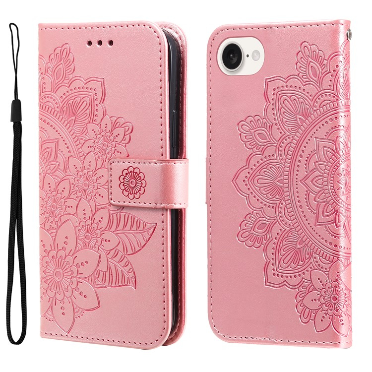 iPhone 16e Leder Tasche Wallet - Mandala Flowers Imprint - Rosa