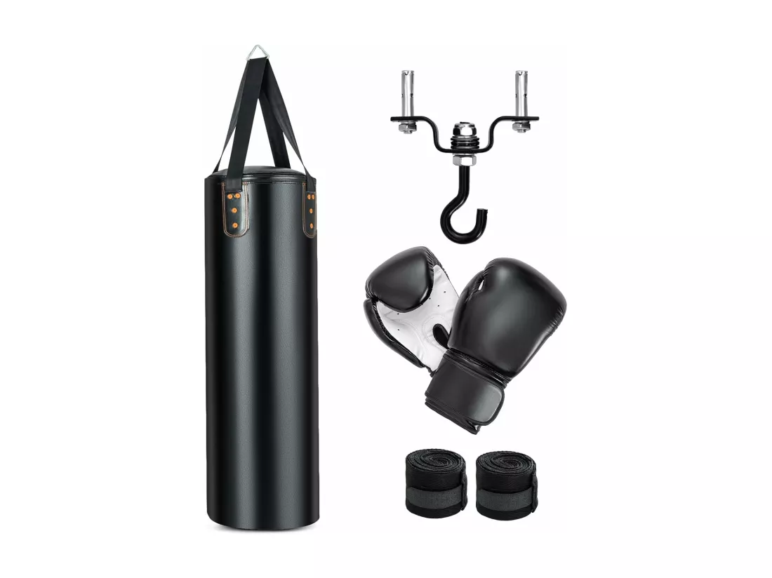 Sac de Frappe 16KG 4 en 1 et 2 Gants, Ensemble de Sac de Boxe Suspendu avec Bandage pour Les Mains Chaînes de Suspension, Double Couture pour Sparring Muay Thaï, MMA