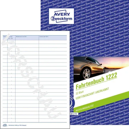 Avery Zweckform 1222 Fahrtenbuch, für PKW, A5, Recycling-Papier, 64 Seiten für 682 Fahrten