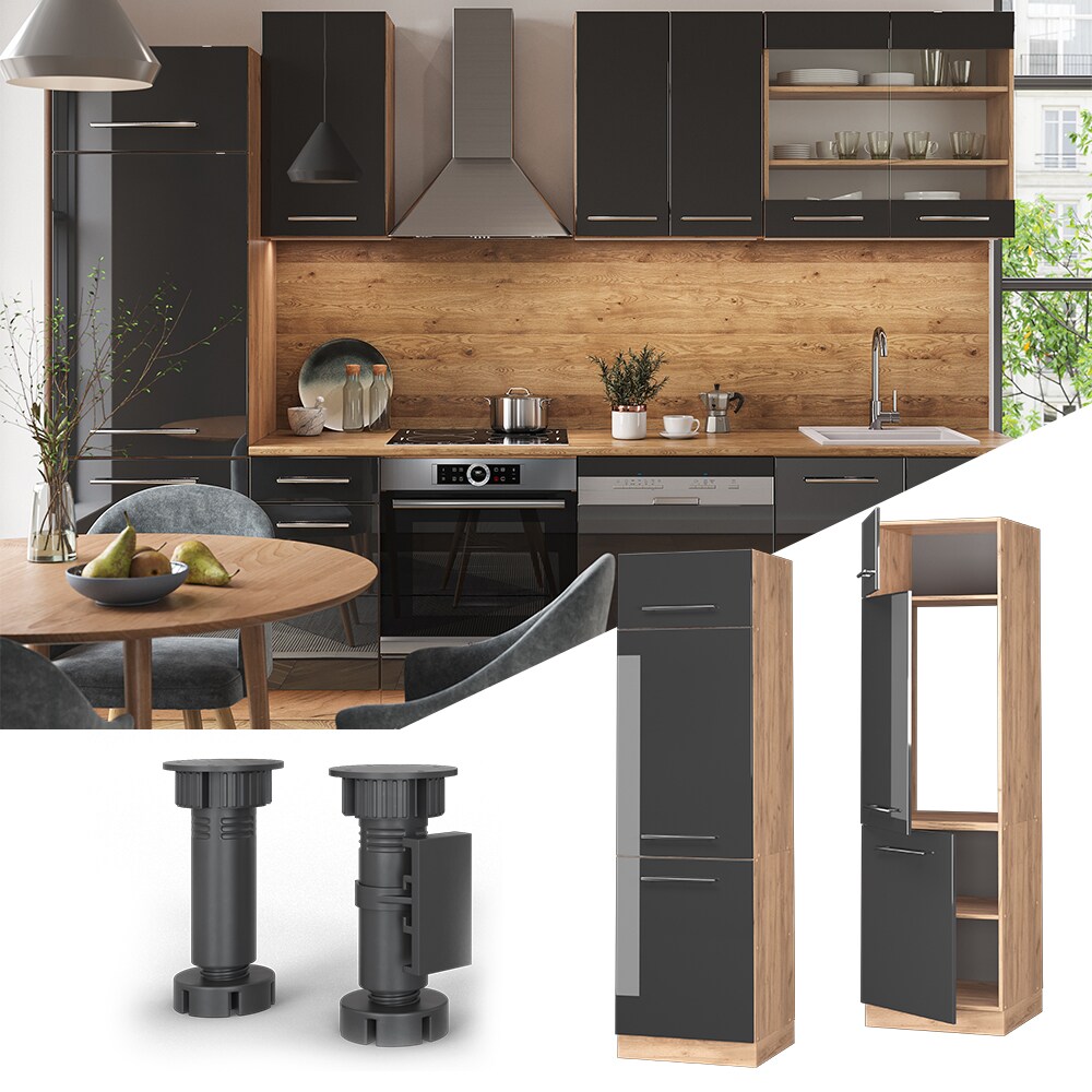 Vicco Kühlumbauschrank Küchenschrank Küchenmöbel Fame-Line Eiche Anthrazit modern 60 cm Küche Einbauküche Blende Drehtür Einlegeboden Kühlschrank Küchenzeile Hochglanz