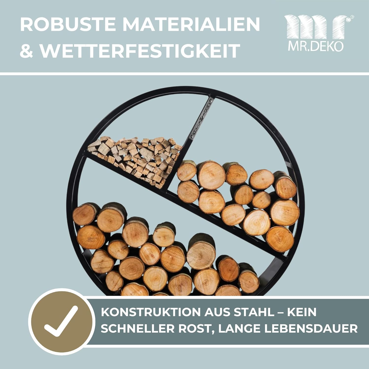 MR. DEKO BENE ON FIRE Kaminholzregal rund Kalifornien 80 cm | rundes Brennholzregal Metall schwarz | Holzlager dekorativ für Kamin Wohnzimmer | Feuerholzregal Garten Terrassen | Kaminholzunterstand