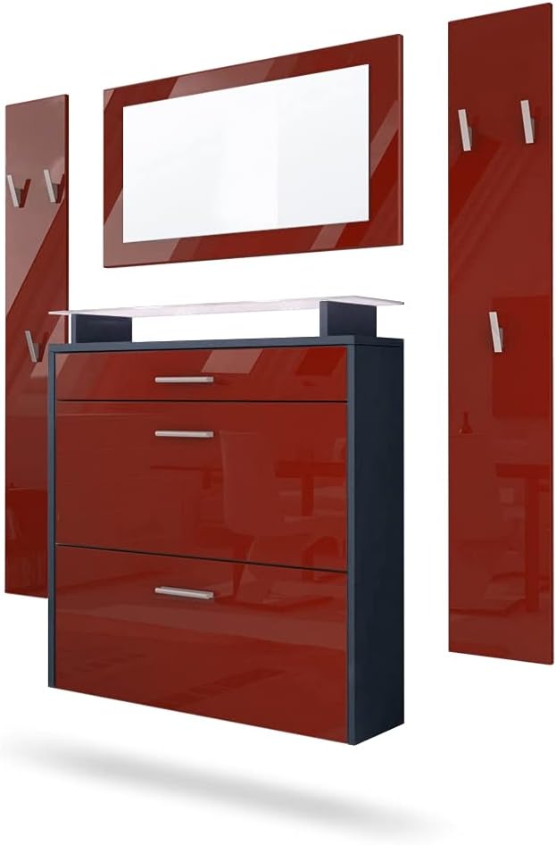 Vladon Garderobe Malea, Garderobenset bestehend aus 1 Hängeschuhschrank, 1 Wandspiegel und 2 Garderobenpaneele, Anthrazit matt/Bordeaux Hochglanz, inkl. LED-Beleuchtung weiß