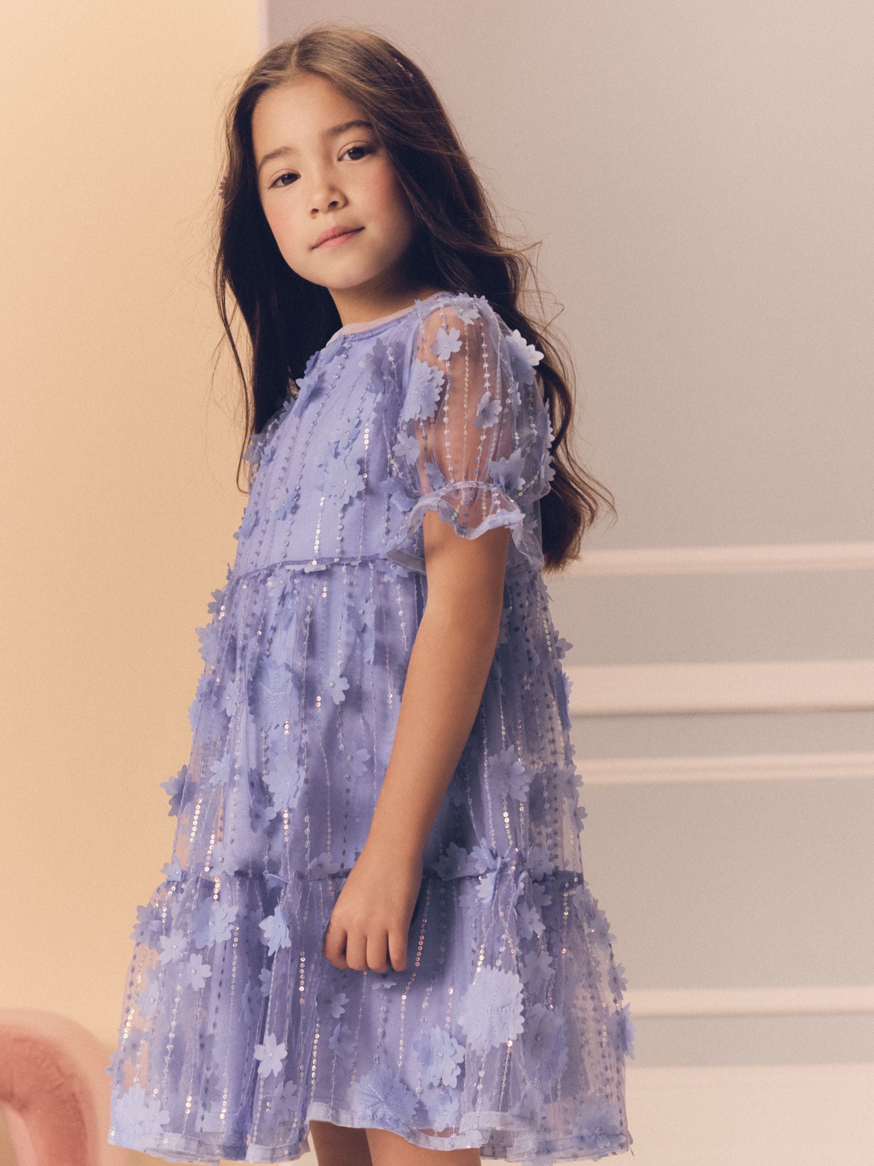 Blauw - Mesh bloemen pailletten feestelijke jurkjes (3-16jaar)