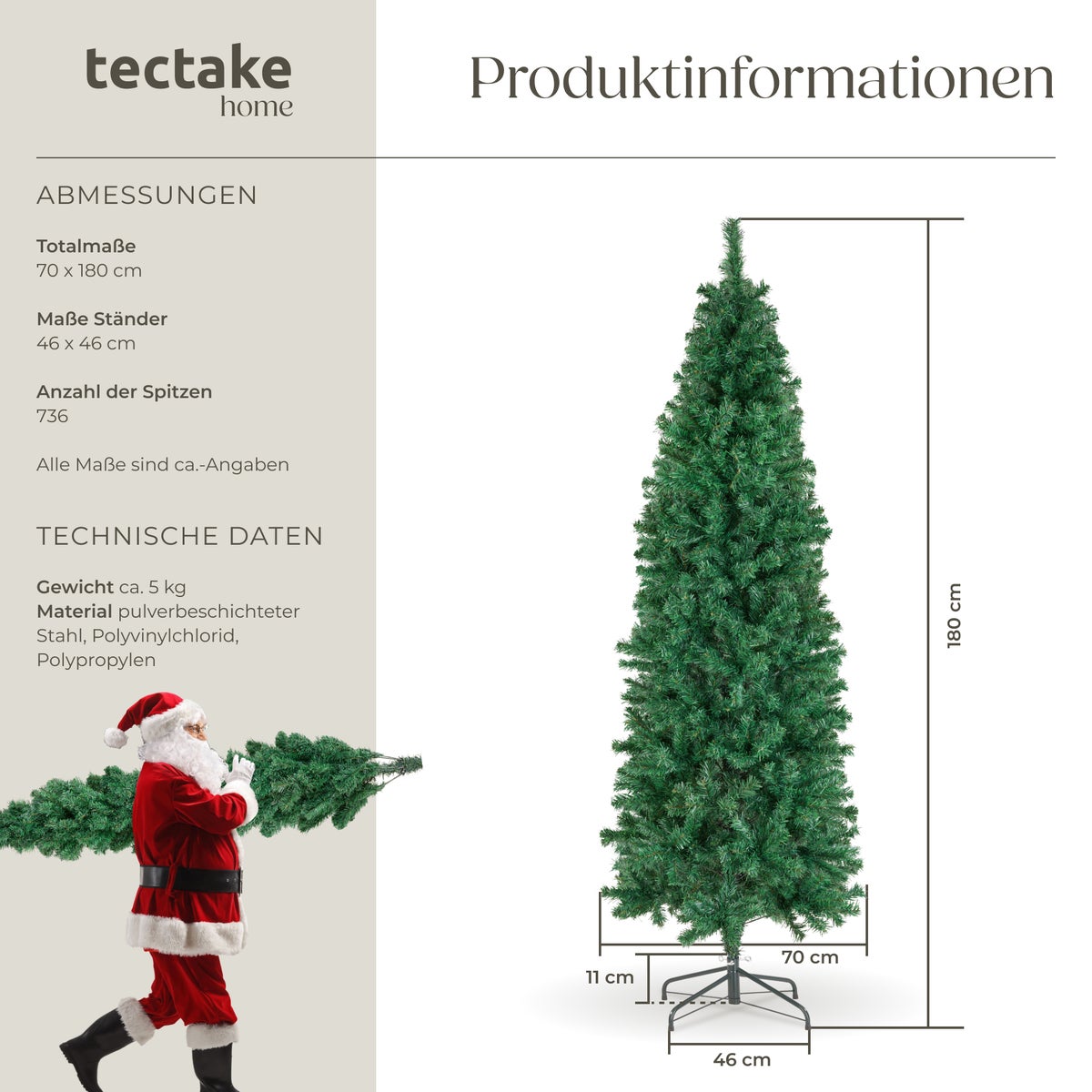 Kerstboom tectake Comet, diverse maten, kunstmatig in groen, met dichte naalden, gepoedercoate metalen standaard met kunststof doppen