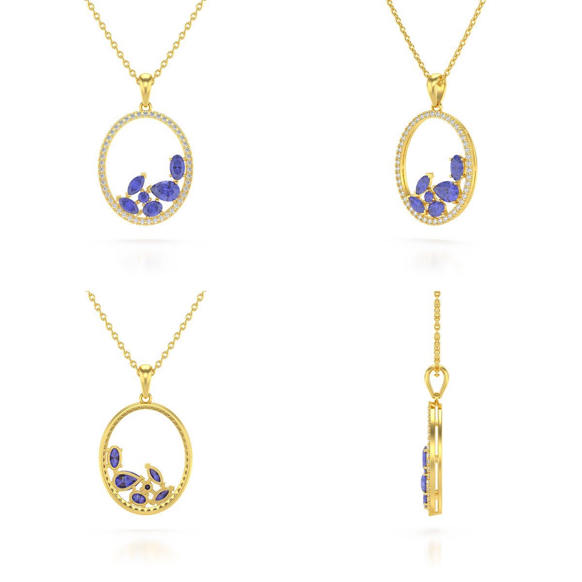 Collier Pendentif Or Jaune 585 Tanzanite et Diamants Chaine Or incluse 2.096grs