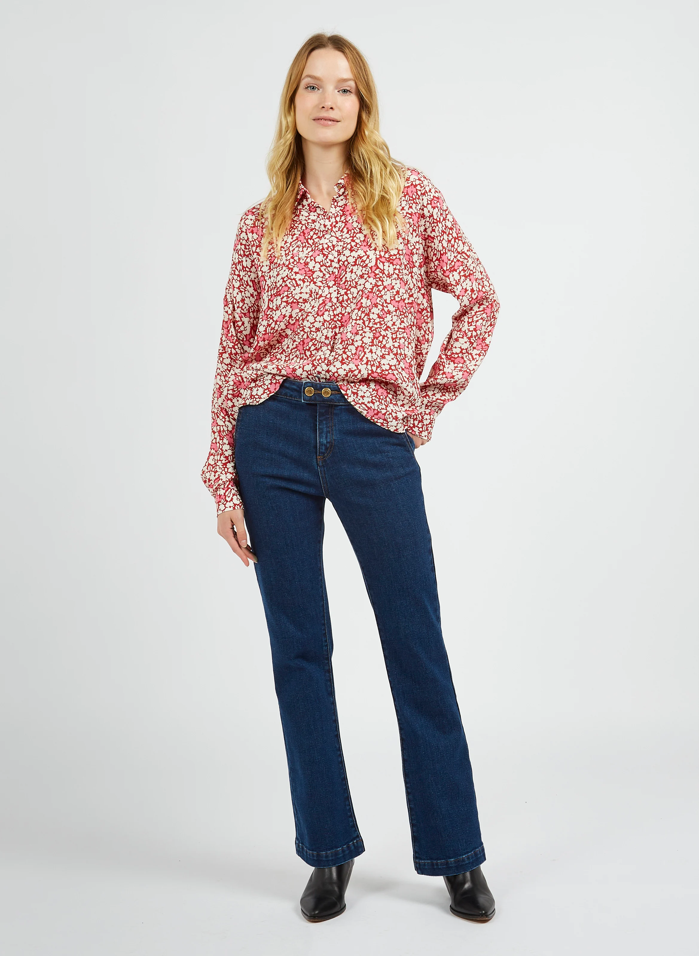 Chemise ample col classique à imprimé fleuri| Rouge