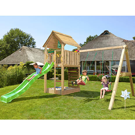 Jungle Gym Cabin 2.1 legetårn inkl. gyngemodul, rutsjebane og 120 kg sand