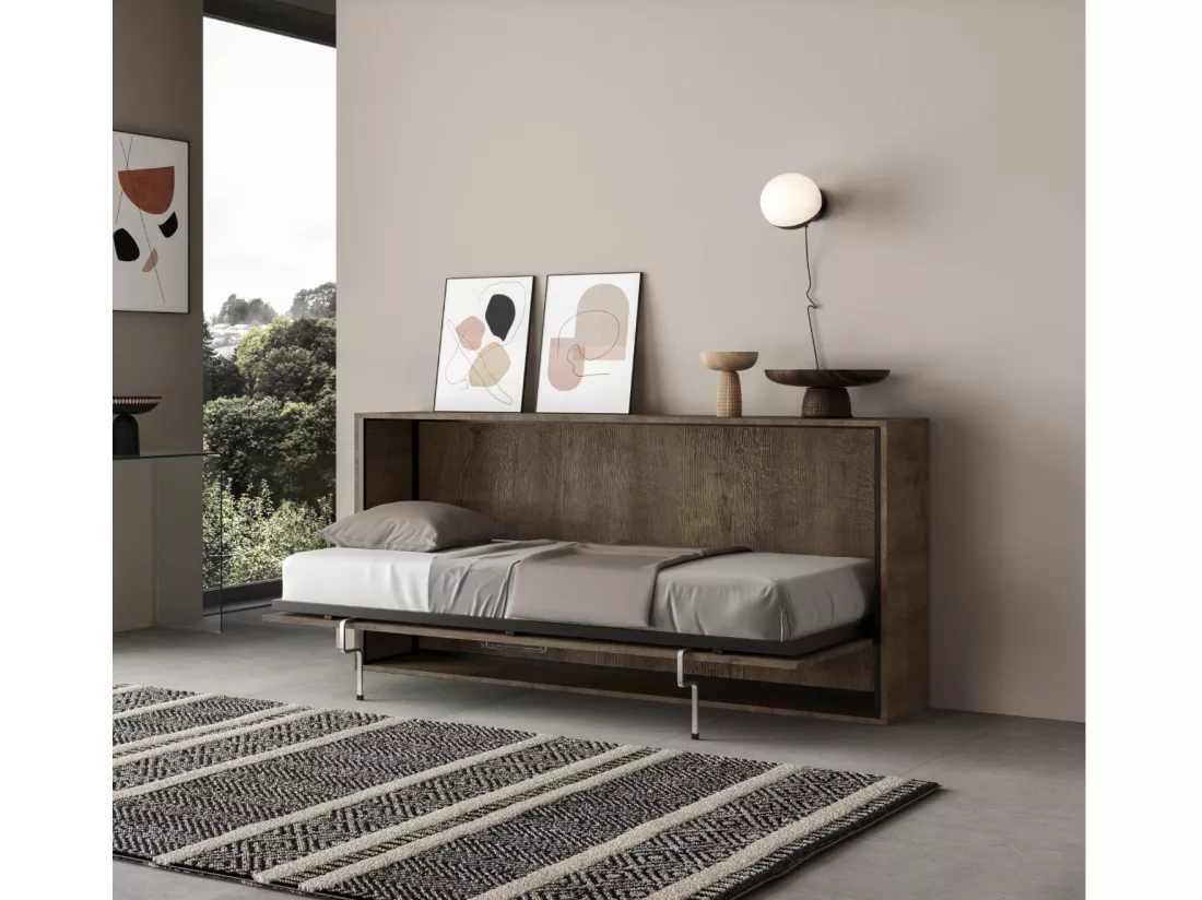 Lit escamotable horizontal noyer Bounto 85x185-1 matelas 85x185cm