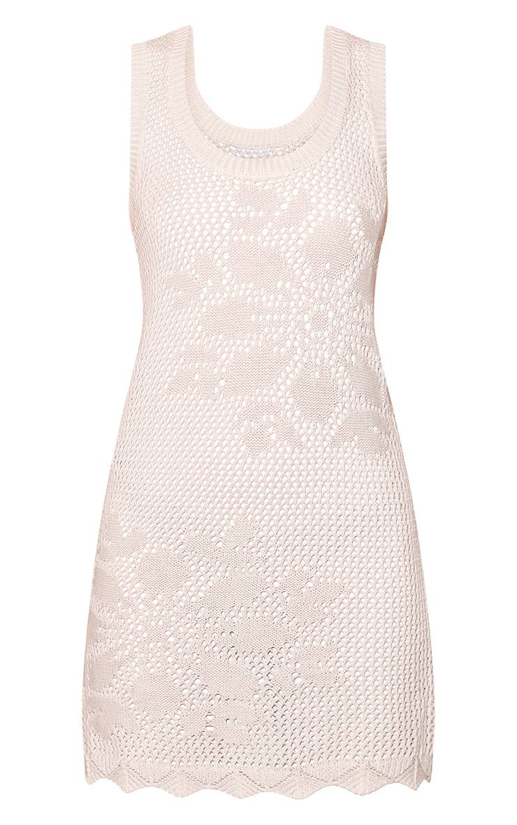 Crème Robe Mini Moulante Col Rond En Crochet Motif Napperon