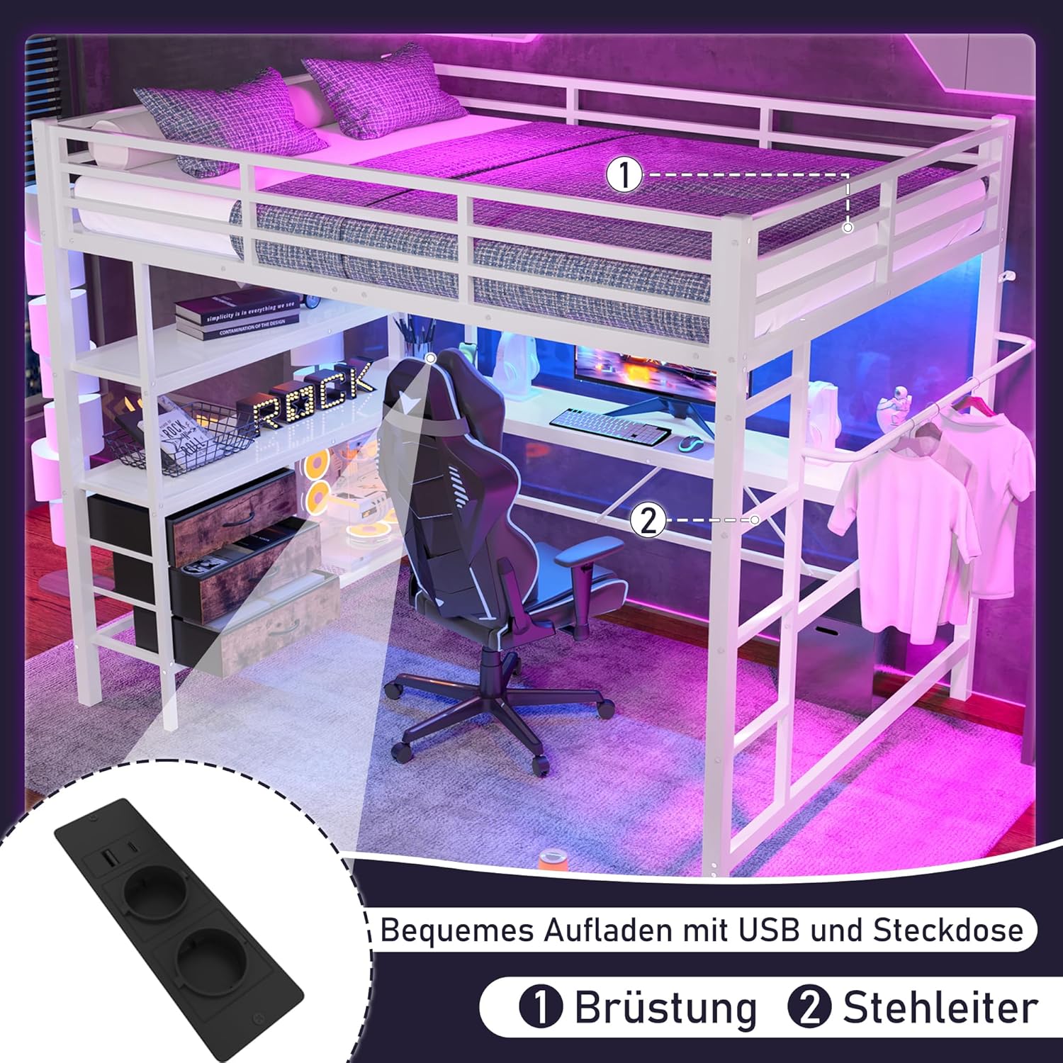 Merax Hochbett mit Schreibtisch 140x200 cm, Kinderbett mit Schubladen und Regalen, Bettgestell mit LED-Beleuchtung, Steckdosen & USB - Für Kinder/Erwachsene (Weiß)
