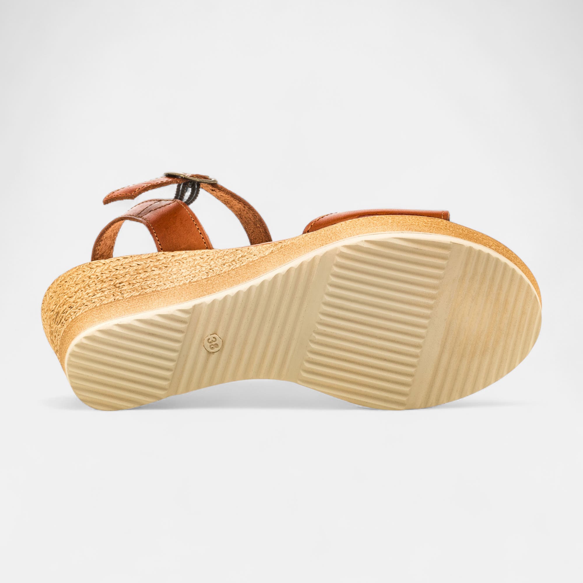 Nu-pieds à talon compensé Femme en cuir cognac