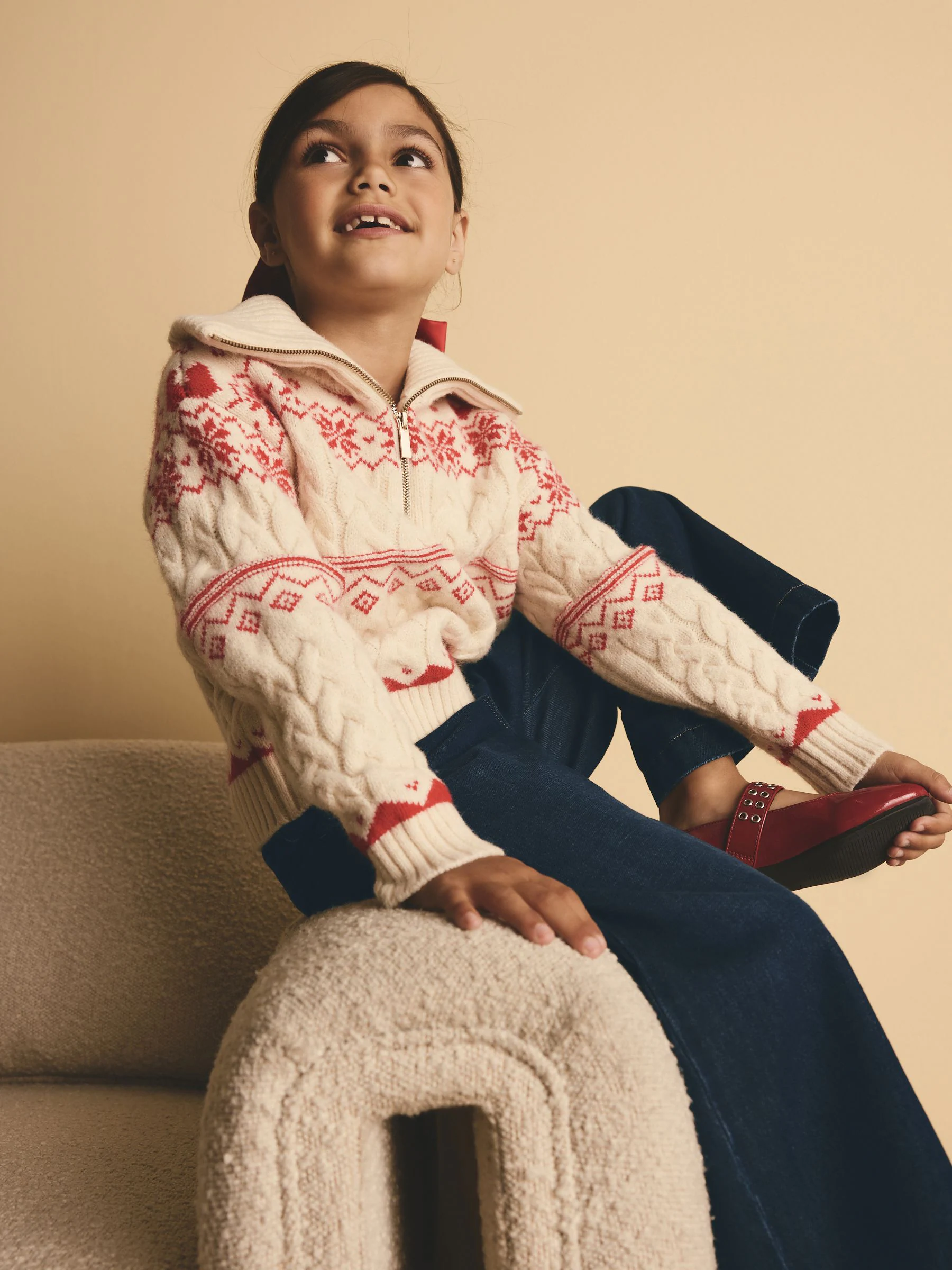 Rood - Trui met Fairisle-motief en hals met rits (3-16jr)