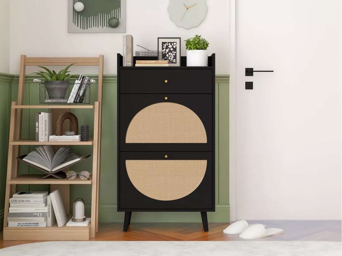 Meuble à Chaussures avec 2 Portes et 1 Tiroir, Rattan Noir, Portes Demi-Circulaires Interchangeables, Double Étagère, 60 cm, Sans Dos