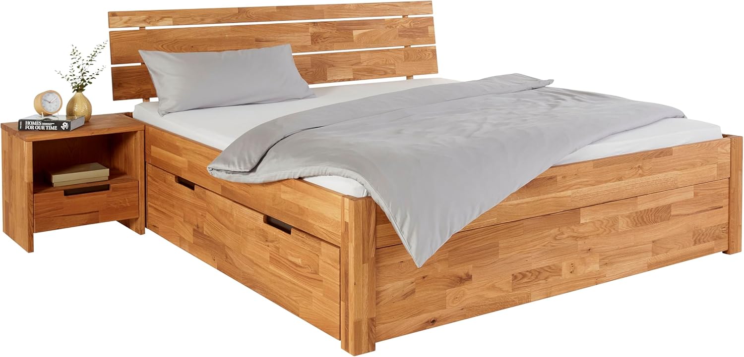 Massivholzbett 90x200 cm Einzelbett Wildeiche geölt mit Einer Schublade