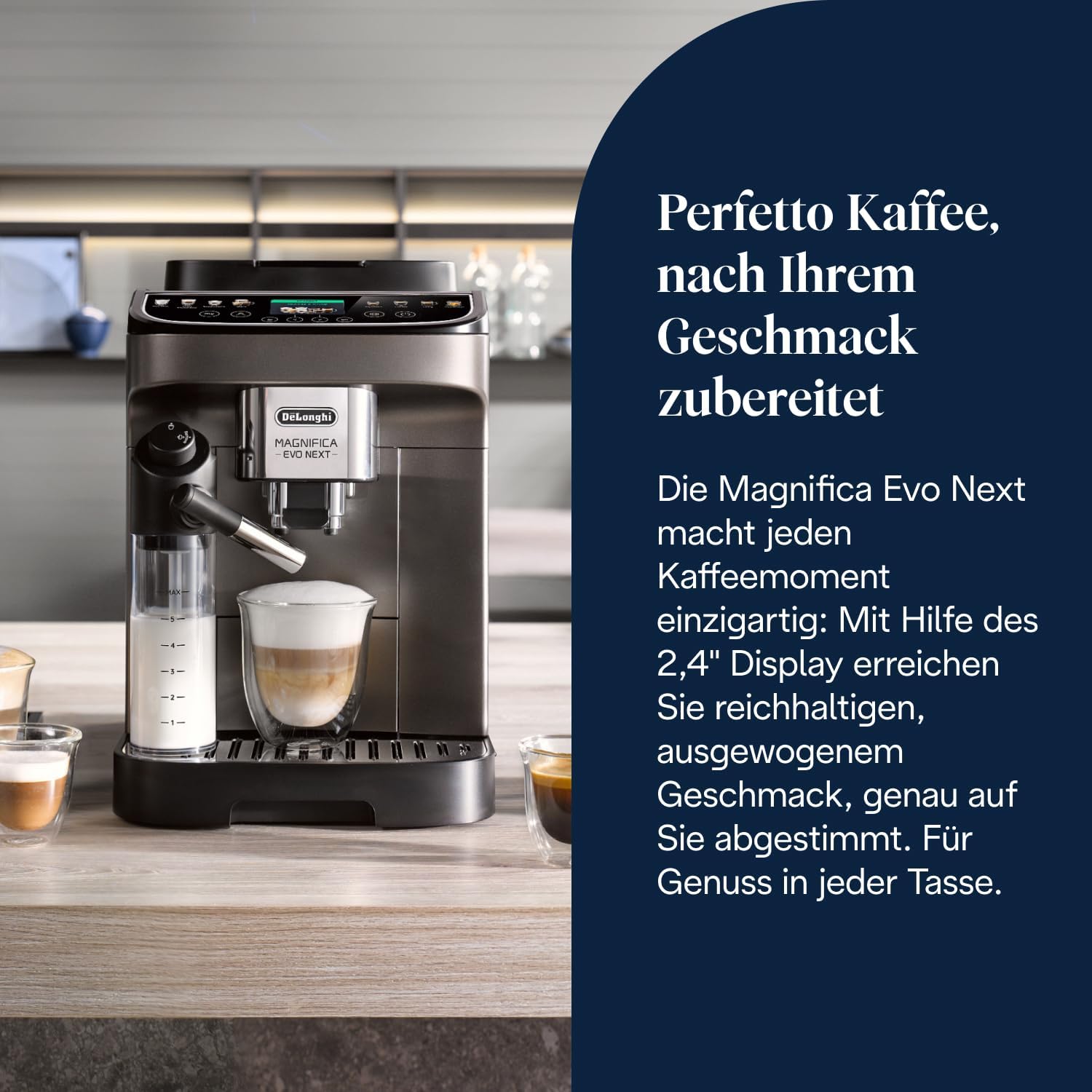 De’Longhi Magnifica Evo Next - Perfetto Kaffeevollautomat mit LatteCrema-Milchaufschäumer, 13 One-Touch-Getränke, Coffee- und Cappuccino Kaffeemaschine, farbiges Touch-Display, Titan (ECAM312.80.TB)