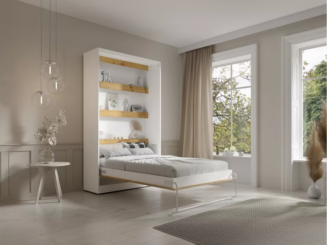 Lit escamotable 120 x 200 cm - Ouverture verticale manuelle - Avec LEDs - Blanc et naturel + Matelas - RAPILI