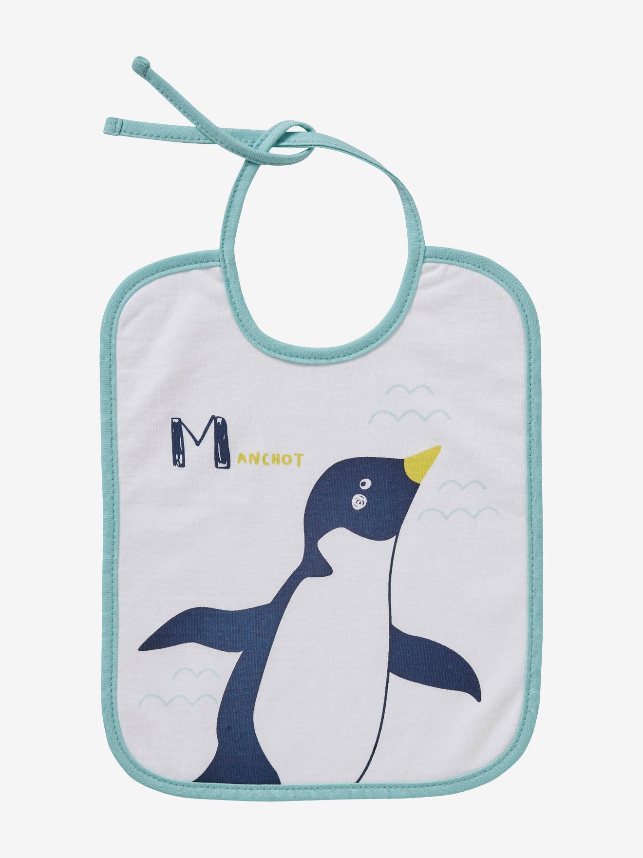 Conjunto de 7 babadores VERTBAUDET para bebês com animais marinhos, lisos, brancos com estampas.