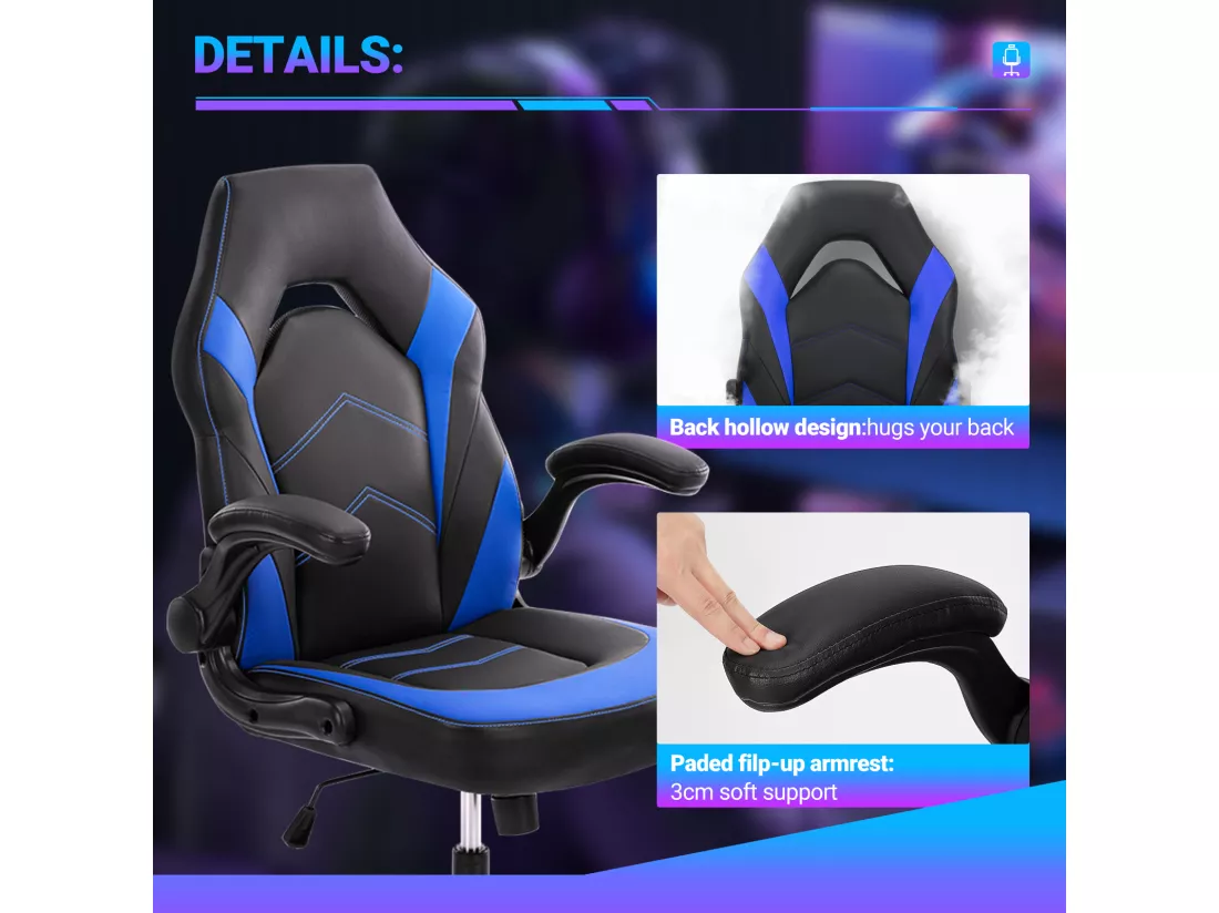 Chaise d'ordinateur,Chaise de bureau pivotante avec support lombaire,Ergonomique,Cuir de PU,Bleu,Noir