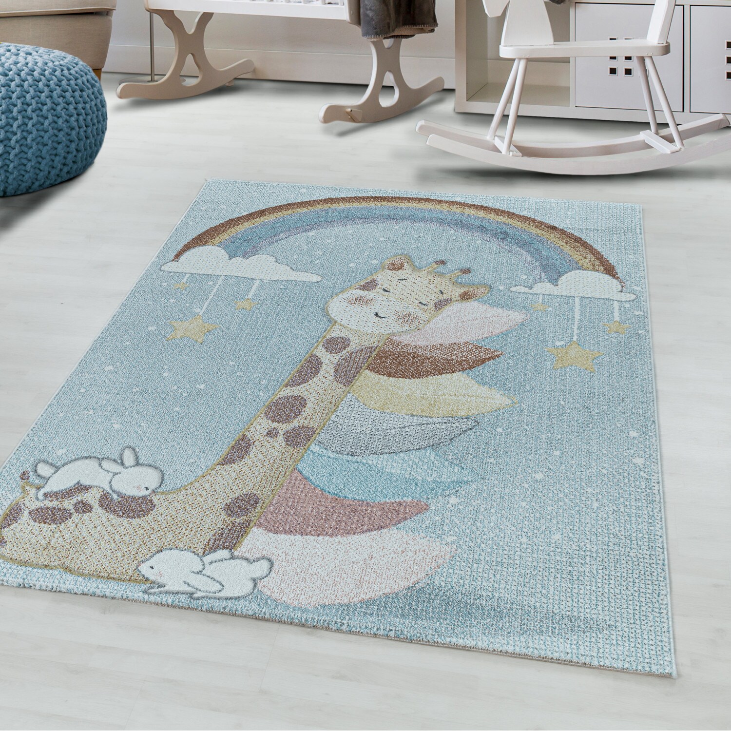 Zauberhafter Kinderteppich: Regenbogen & Giraffe Design | Rechteckig