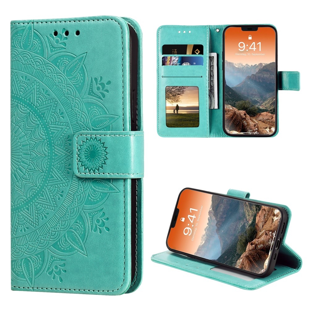iPhone 12 / iPhone 12 Pro Leder Tasche Wallet - Mandala Flowers Imprint - Türkis