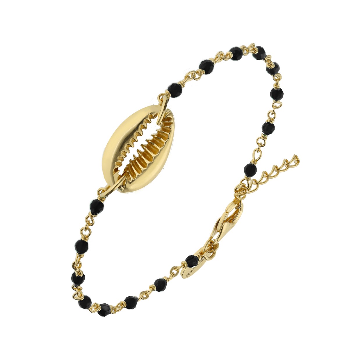 Bracelet Chaine En Argent Doré Avec Pierres Naturelles Onyx Noir Et Coquillage