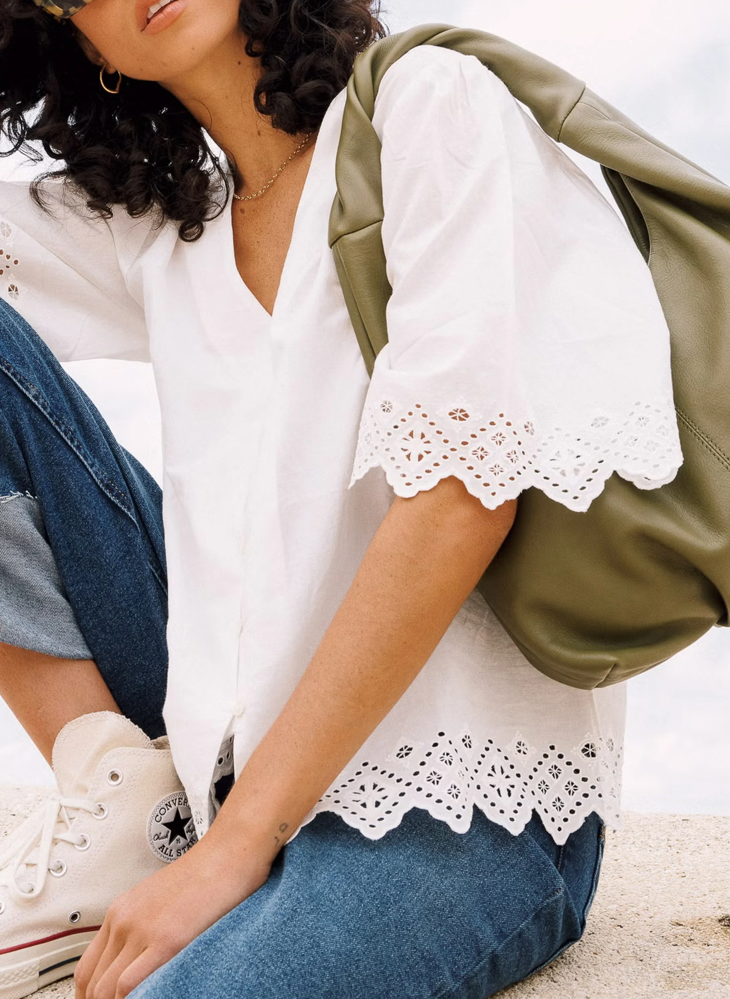 Blouse col V en coton | Blanc
