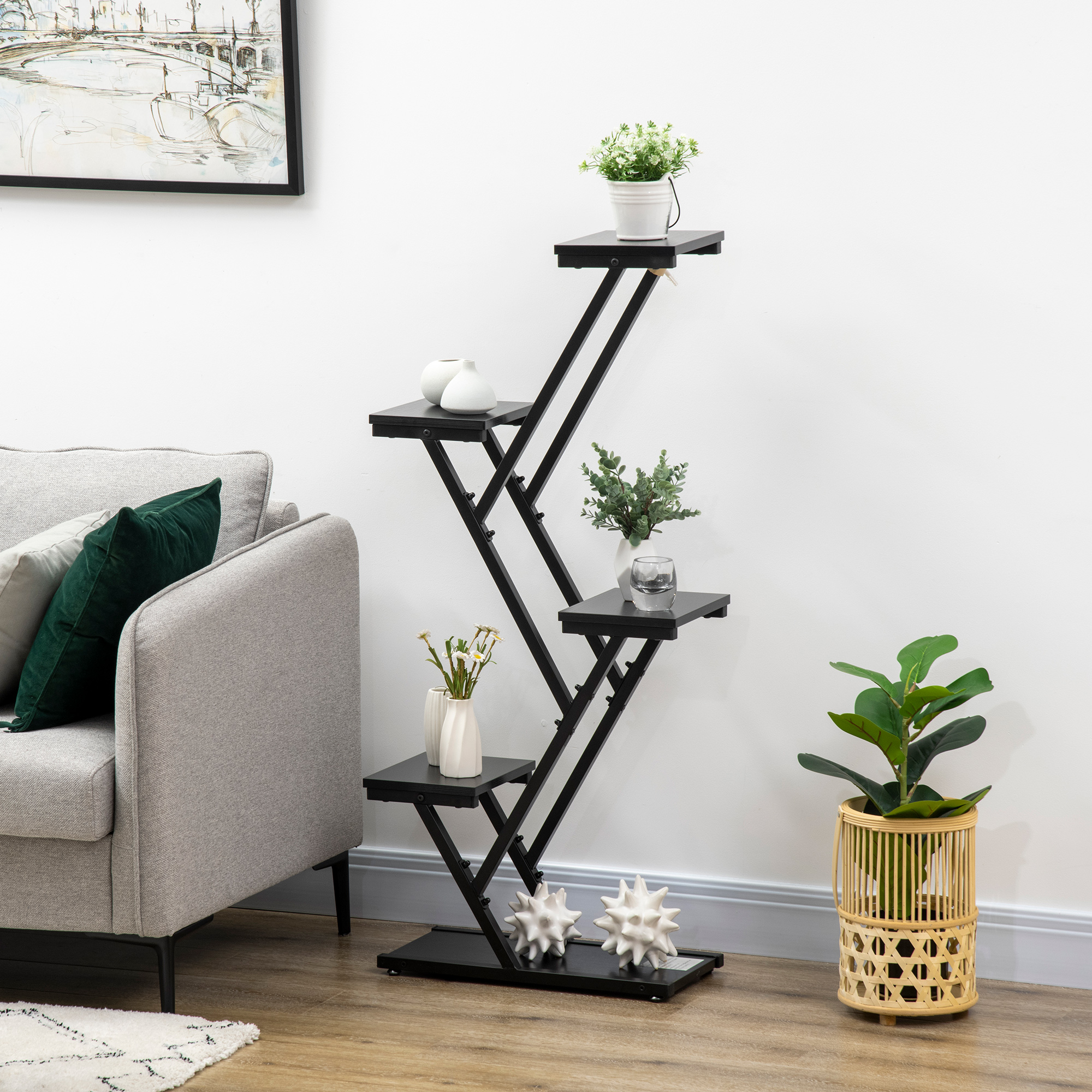Suporte para plantas Outsunny de 4 níveis, suporte de madeira para vasos de flores com estrutura de aço para uso interno e externo em salas de estar e quartos, 53x24x119,5 cm, preto