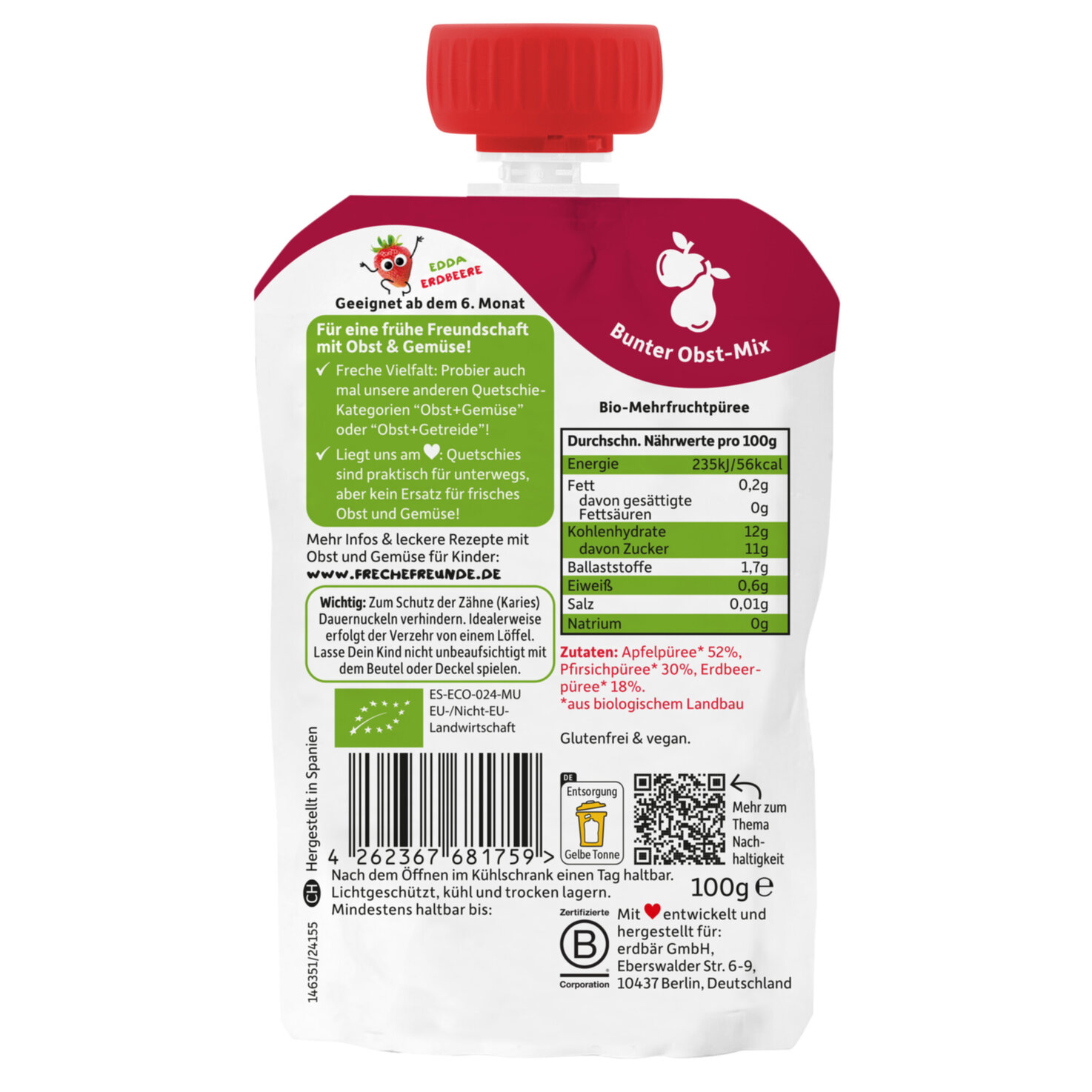 Freche Freunde Quetschbeutel Apfel, Pfirsich & Erdbeere 6+ Monate