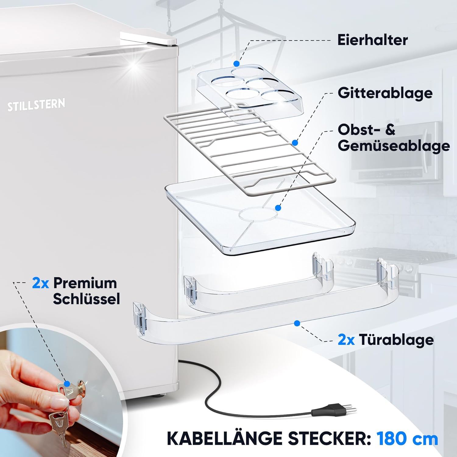 Stillstern Mini Kühlschrank E 45L mit Abtauautomatik, Schloss, Frostfach, Leise, Ideal für Küche, Büro, Schlafzimmer, Hotels und kleine Wohnungen Kühlschrank klein Minibar Getränkekühlschrank Weiß