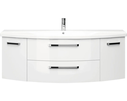 3-delige badkamermeubelset Pelipal xpressline 4010 BxHxD 144 x 200 x 49,5 cm, fronten hoogglans wit, met witte keramische wastafel en keramische spoelbak, badmeubel, spiegelkast met LED-verlichting, chromen grepen, 4010.1400209 40101400209
