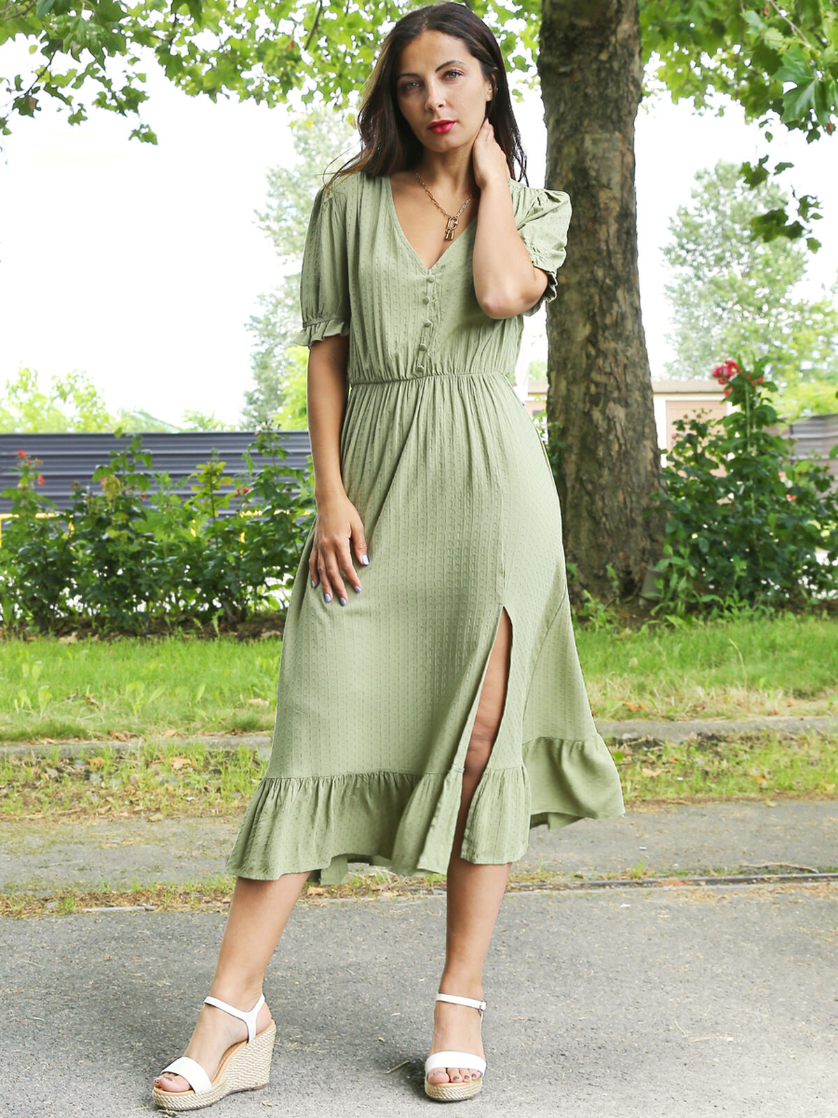 Robe longue à fente et volants- Vert