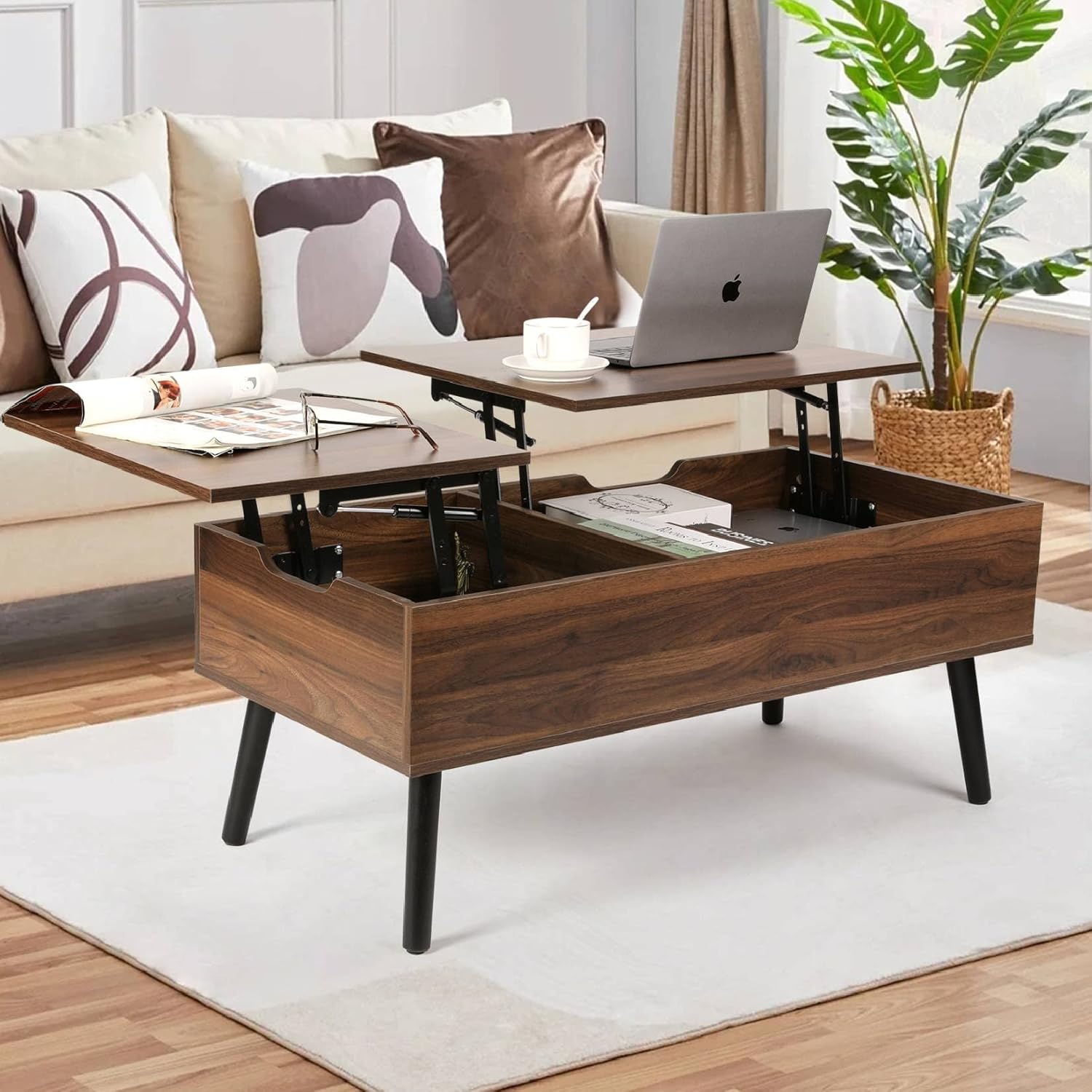 VOWNER Couchtisch, Höhenverstellbarer Couchtisch, Auszug, Versenkbarer Couchtisch, Separates Verstecktes Ablagefach, Doppelte Hubplatte, Wohnzimmertisch, Walnuss Farbe