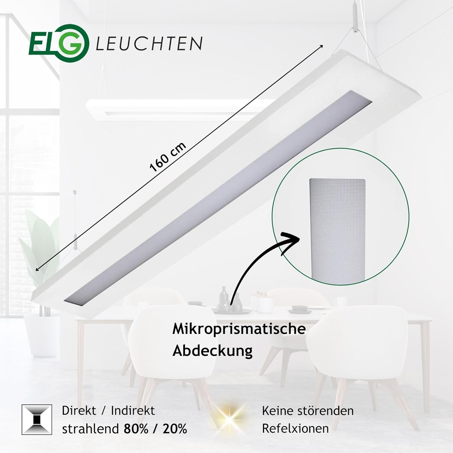 LED Pendelleuchte 64 Watt COB 4000K 6000lm 160cm Mikroprismatische Abdeckung direkter/indirekter Lichtanteil Büroleuchte Arbeitsplatzleuchte Schreibtischleuchte Hängeleuchte Designleuchte