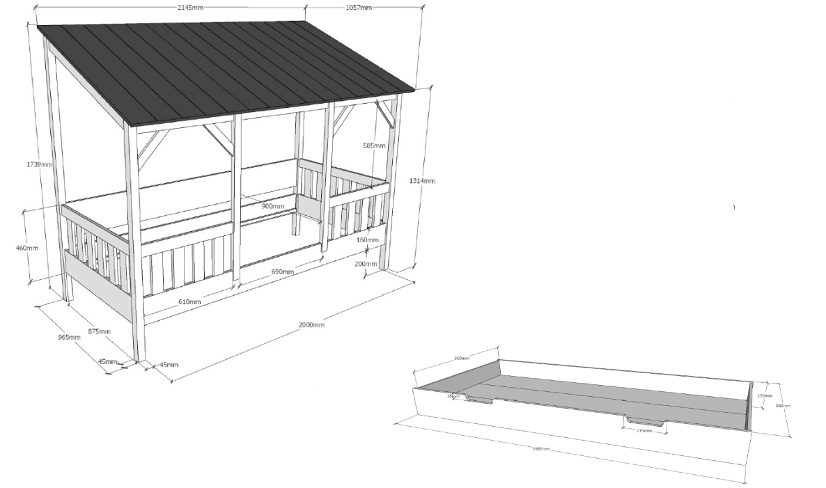 Hausbett - weiß - Bettschublade - Dach in Weiß - 90x200 cm