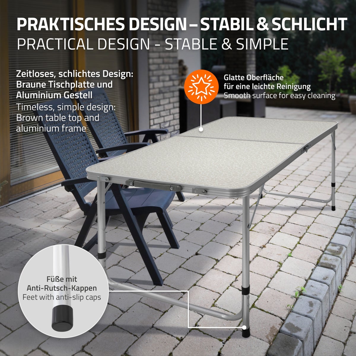 ECD Germany Campingtafelset met 4 krukken, 120x60x55/63/70 cm, in hoogte verstelbaar, opvouwbaar, wit/crème, gemaakt van aluminium en MDF, kampeermeubelset, opvouwbaar meubilair, opvouwbare tafel, tuintafel met 4 stoelen