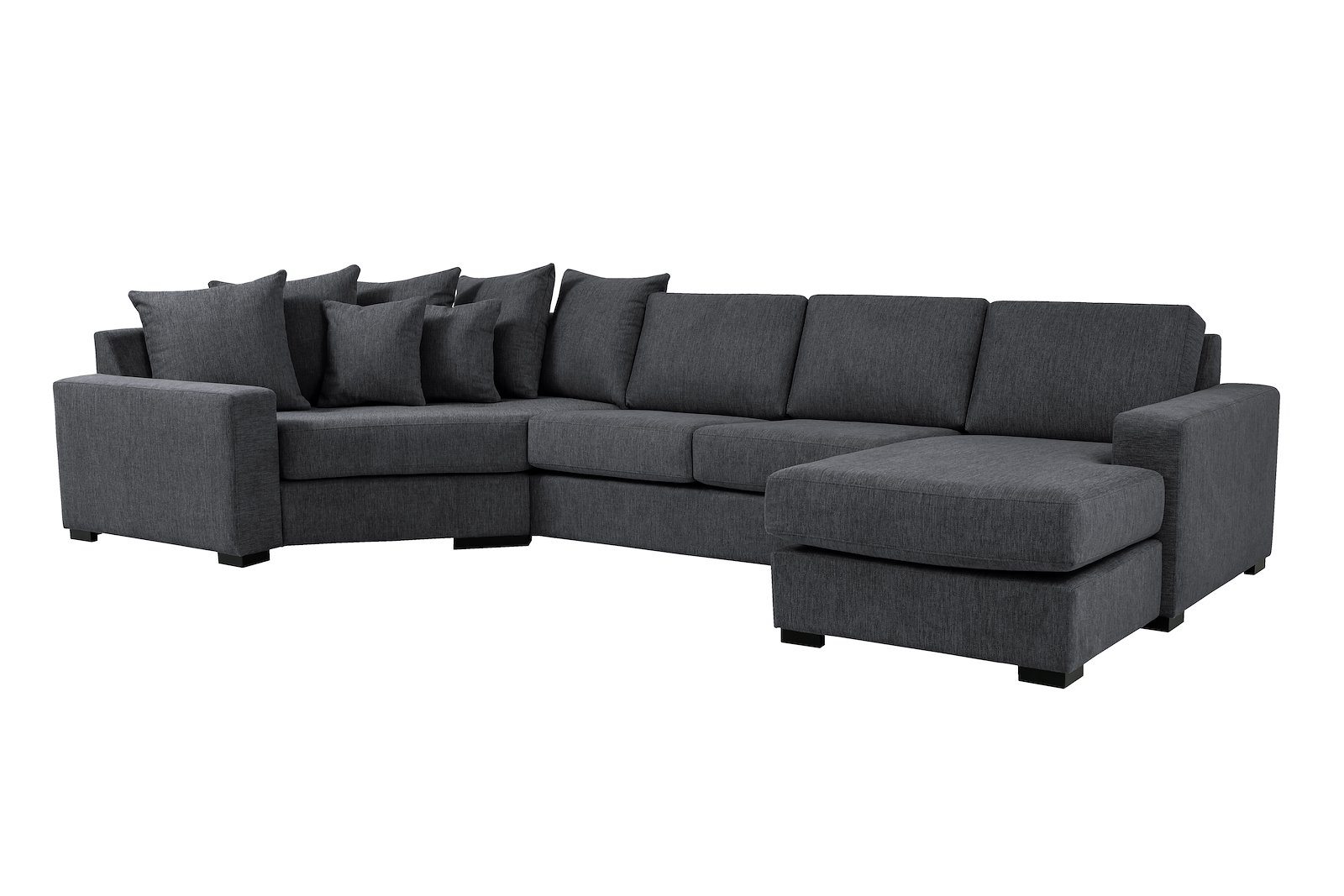Modern Living U-sofa Cosy Corner venstre og 2-seter med sjeselong høyre.Tekstil Brego 7 Antrazite med Arm A og ben 2 sortbeiset eik.