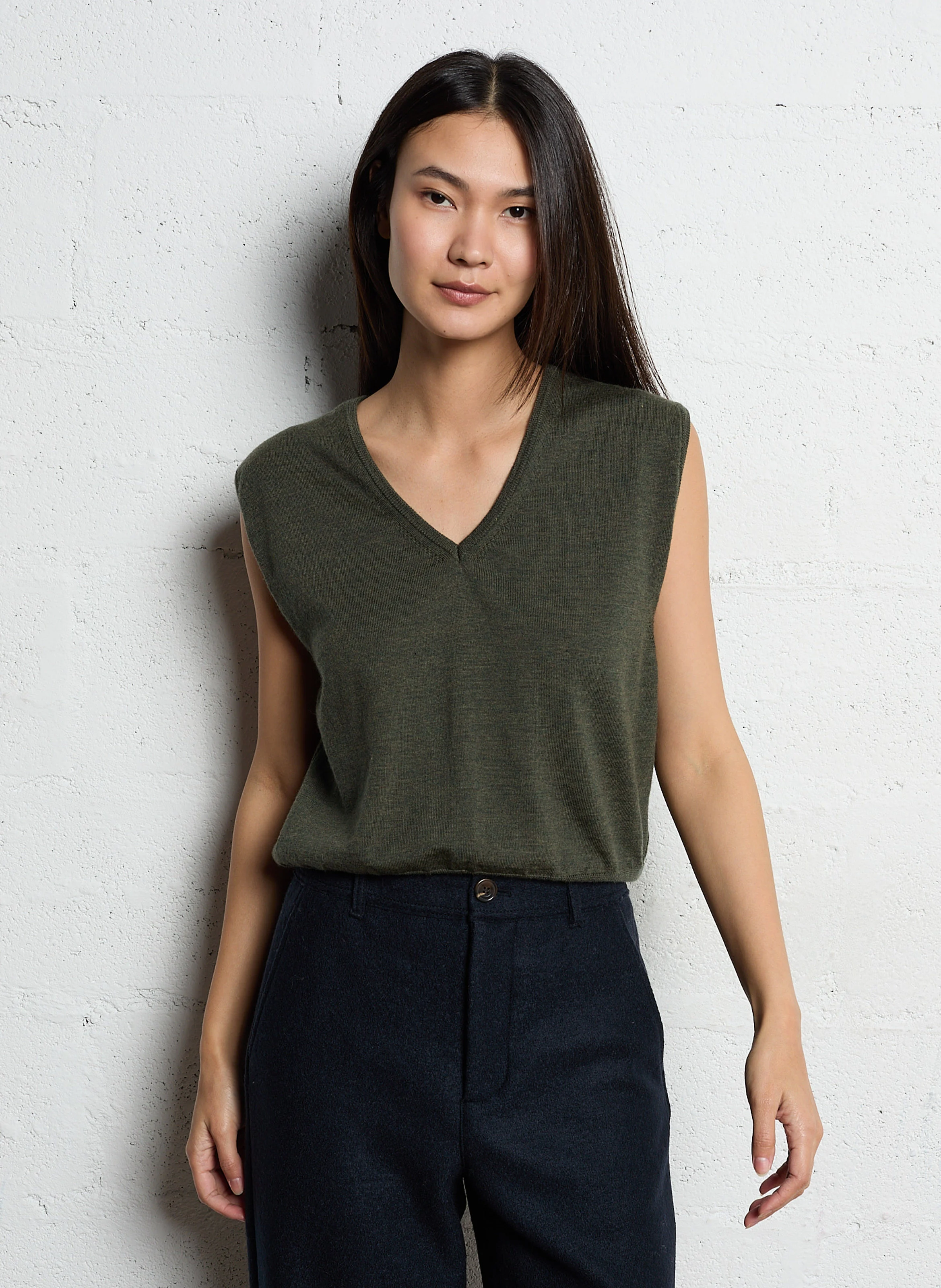 SONIA - Pull col V en laine | Kaki