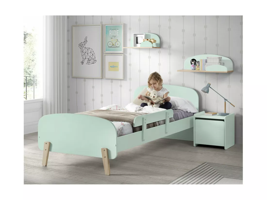 BODHI MINT - Lit 90x200cm avec Barrière + Chevet + Coffre
