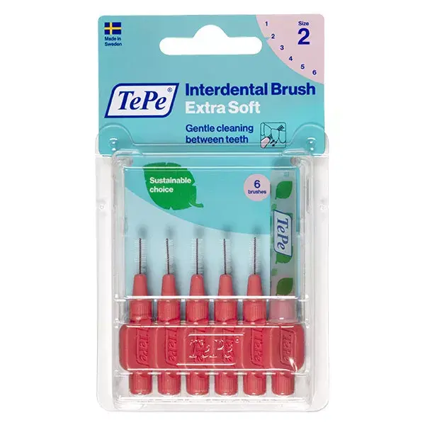 Escova interdental TePe Extra Macia e Ecológica, Vermelho Pastel, ISO 2 / 0,5 mm, 6 unidades.