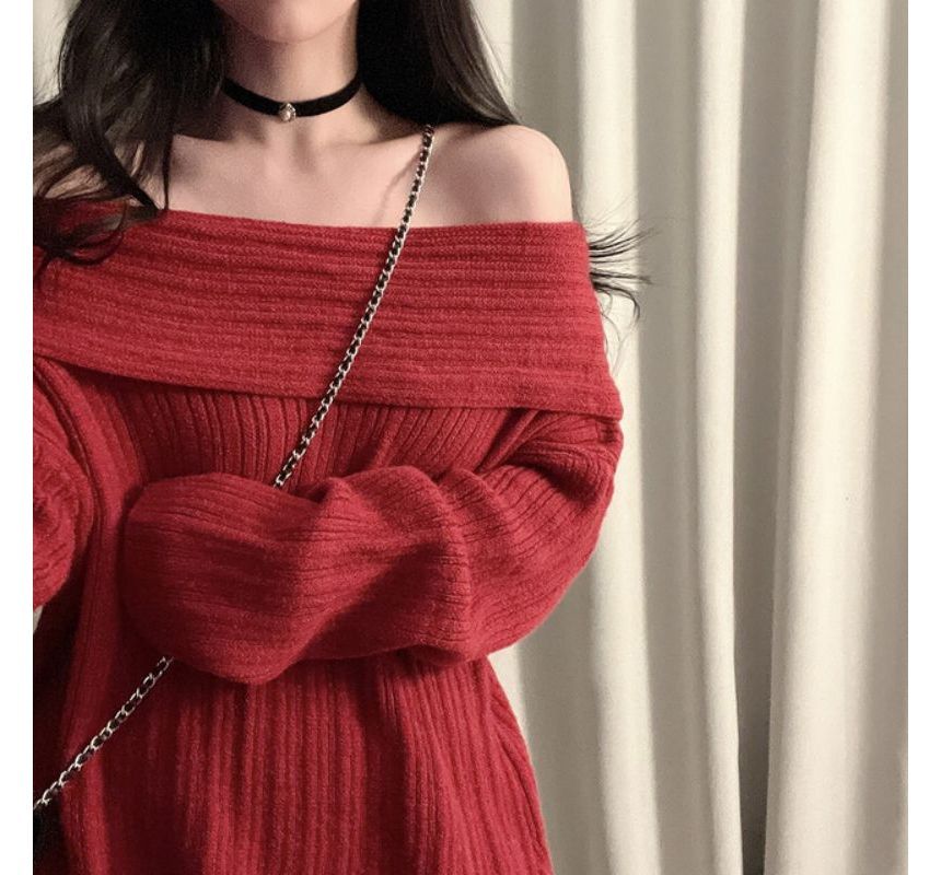 PINPI - Off-Shoulder Effen Gebreide Mini Shift Jurk